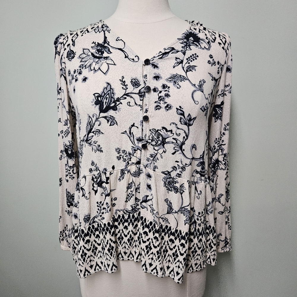Style and Co. Flowy Romantic Blouse Longsleeve Top Navy/White Print Peasant Sz M